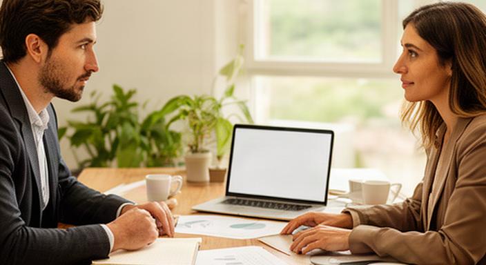 Dos profesionales revisando indicadores de una empresa en una mesa de trabajo luminosa en Berga