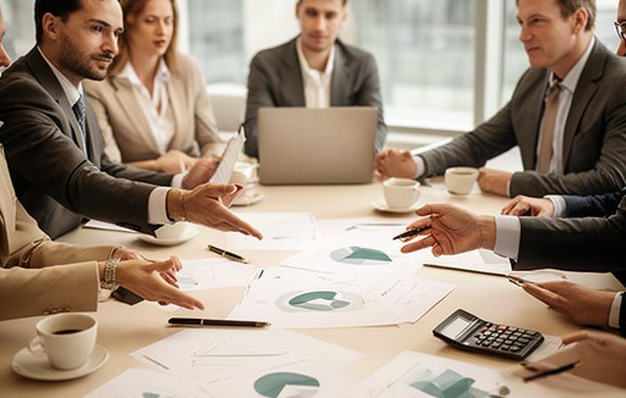 Reunión de trabajo de consultoría con gráficos financieros y documentos sobre una mesa en una oficina de Berga